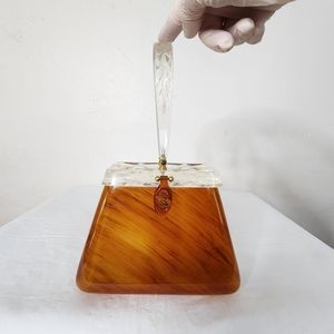 Stunning Rare 1950s Vintage Signed Rialto New York Etched Amber Lucite Handbag